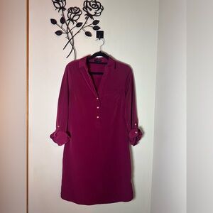The Limited Shirt Dress Maroon Long Sleeve Button Up Collared Gold Button XS